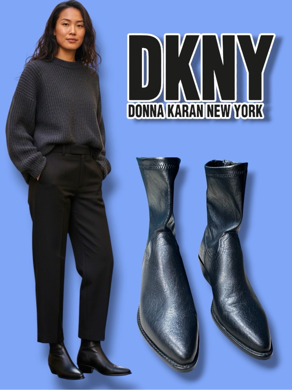 EUC DKNY Women's Raelani Faux Leather Pointed Toe Ankle Boots SIZE 8